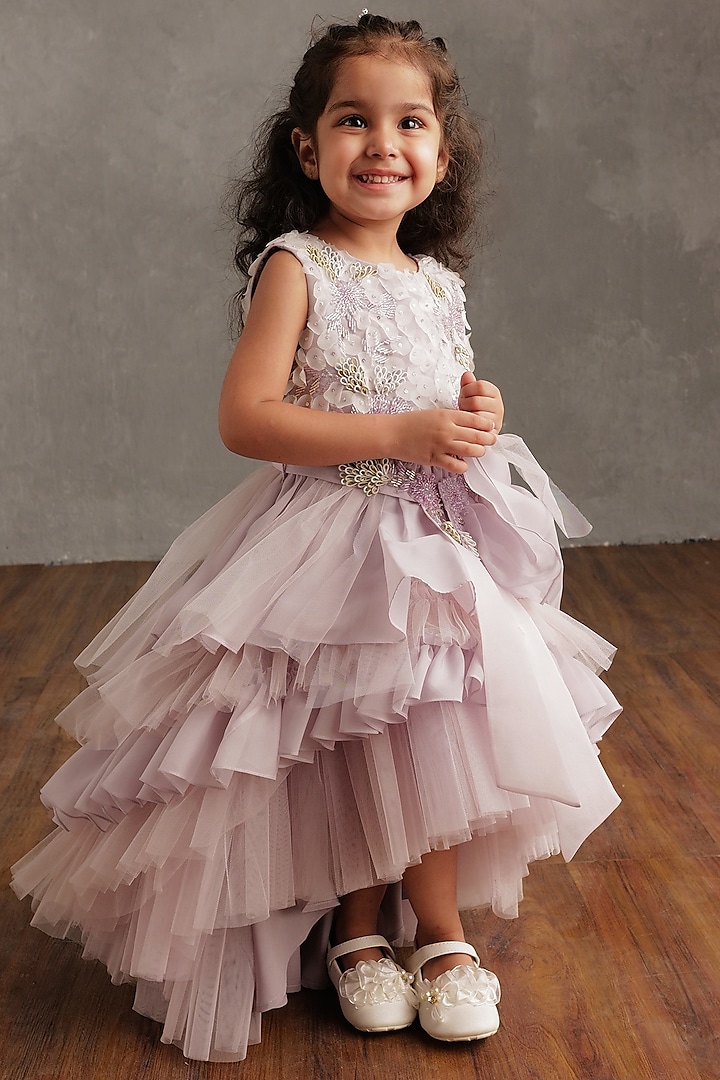 Lavender Semi Hard Net Embellished Frilled Dress For Girls by NSS Little Stars