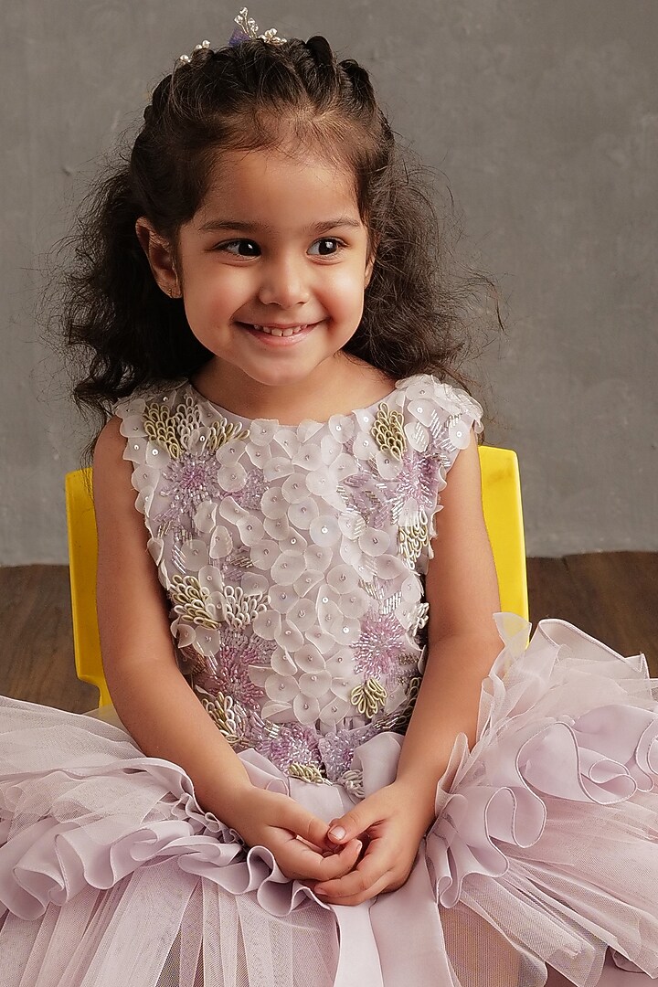 Lavender Semi Hard Net Embellished Frilled Dress For Girls by NSS Little Stars at Pernia's Pop Up Shop