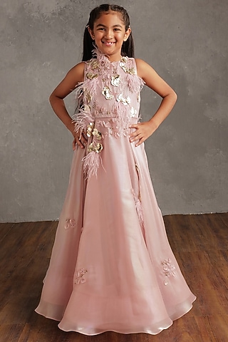 Blush Pink Fluid Organza Hand Embellished Dress For Girls by NSS Little Stars