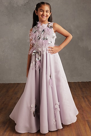 Lavender Poly Organza Hand Embellished Dress For Girls by NSS Little Stars