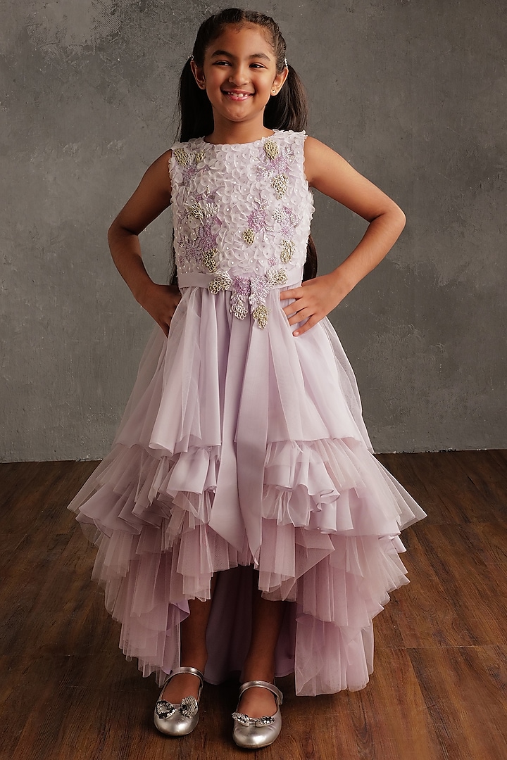 Lavender Poly Organza Hand Embellished Dress For Girls by NSS Little Stars