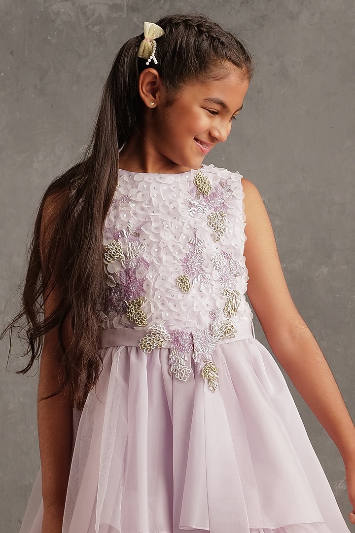 Lavender Poly Organza Hand Embellished Dress For Girls by NSS Little Stars at Pernia's Pop Up Shop