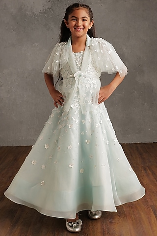 Powder Blue Semi Hard Net Hand Embellished Jacket Dress For Girls by NSS Little Stars