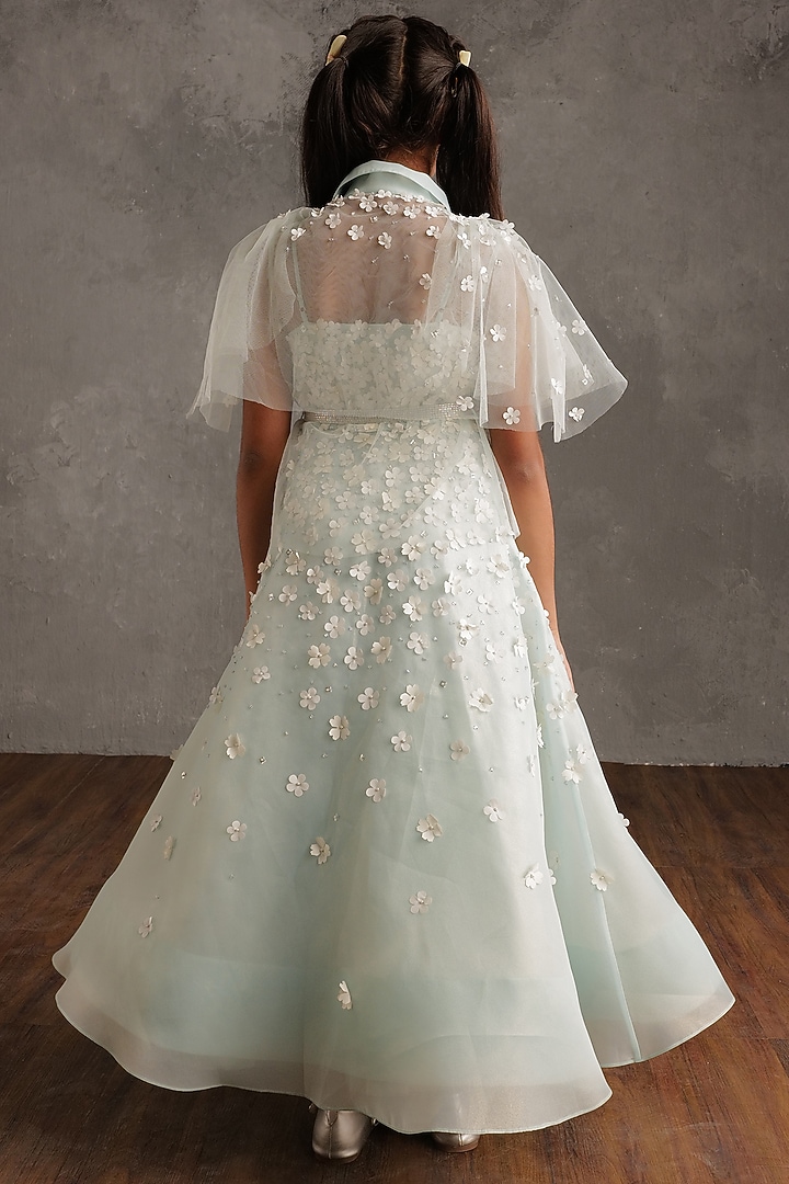 Powder Blue Semi Hard Net Hand Embellished Jacket Dress For Girls by NSS Little Stars at Pernia's Pop Up Shop