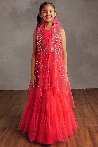 Fuchsia Semi Hard Net Embellished Jacket Set For Girls by NSS Little Stars