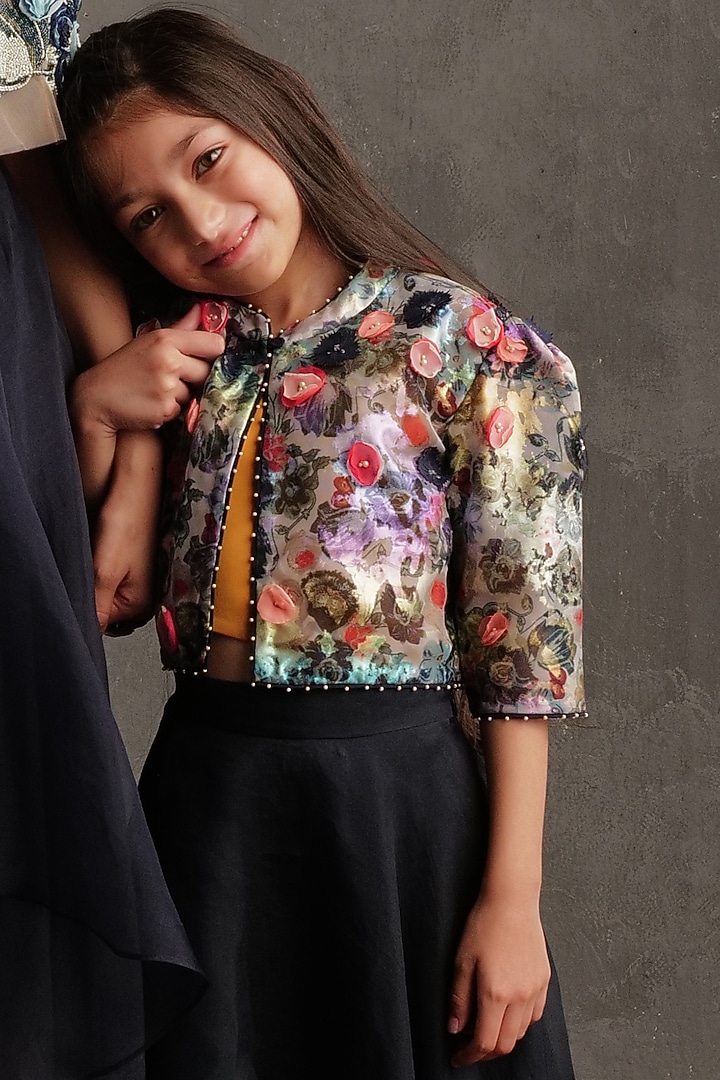 Navy Blue Semi Hard Net & Bemberg Satin Skirt Set For Girls by NSS Little Stars at Pernia's Pop Up Shop