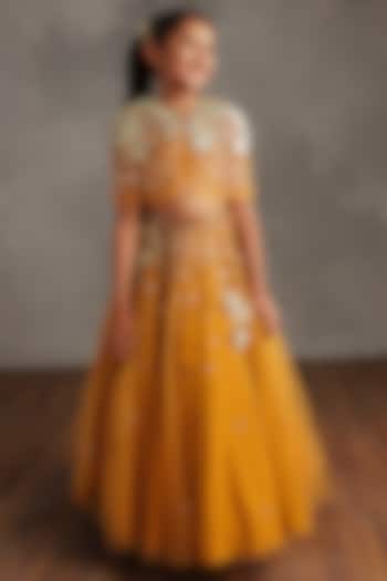 Mustard Semi Hard Net Embellished Skirt Set For Girls by NSS Little Stars