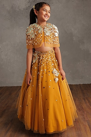 Mustard Semi Hard Net Embellished Skirt Set For Girls by NSS Little Stars