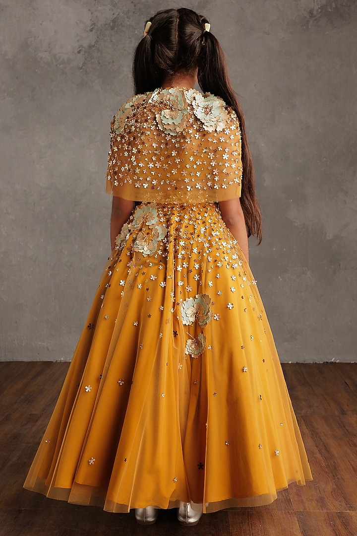 Mustard Semi Hard Net Embellished Skirt Set For Girls by NSS Little Stars at Pernia's Pop Up Shop