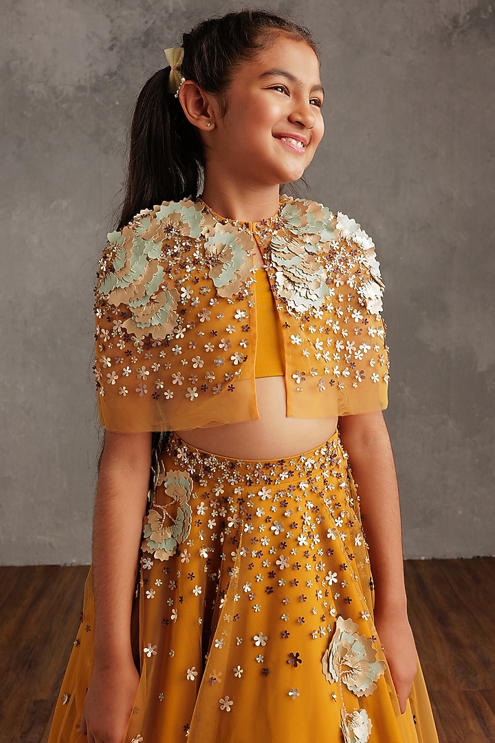 Mustard Semi Hard Net Embellished Skirt Set For Girls by NSS Little Stars at Pernia's Pop Up Shop