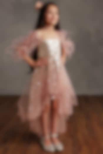 Blush Pink Semi Hard Net & Fluid Organza Dress For Girls by NSS Little Stars