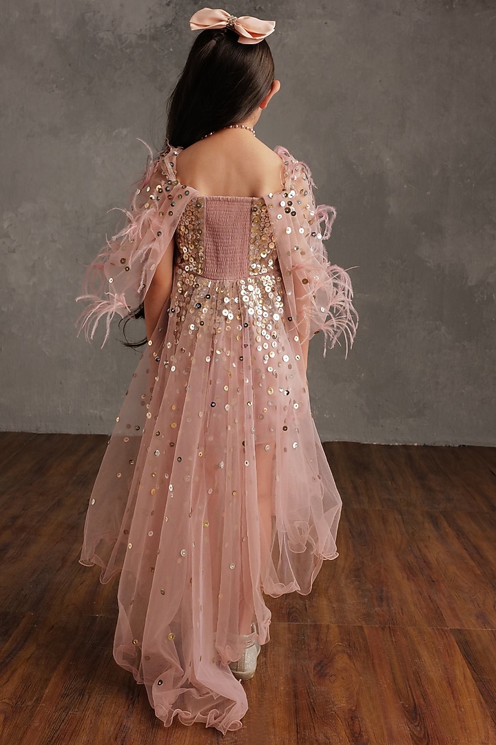 Blush Pink Semi Hard Net & Fluid Organza Dress For Girls by NSS Little Stars at Pernia's Pop Up Shop