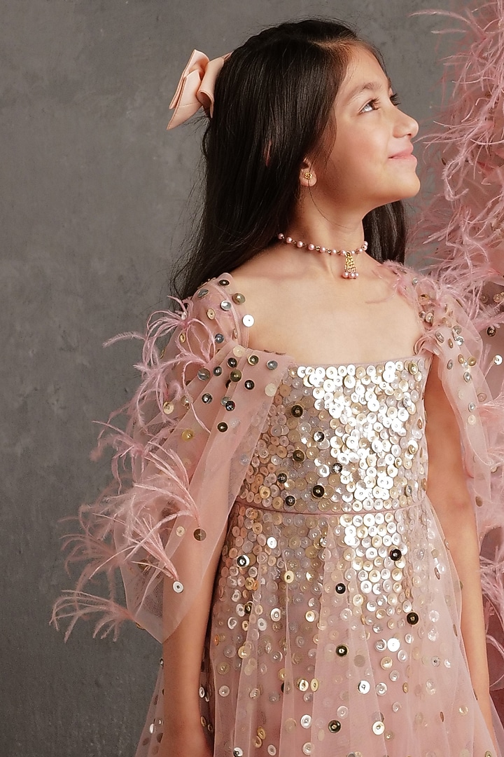 Blush Pink Semi Hard Net & Fluid Organza Dress For Girls by NSS Little Stars at Pernia's Pop Up Shop