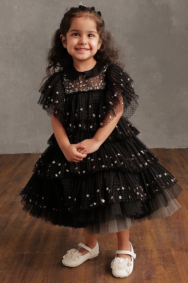 Black Semi Hard Net & Cancan Embroidered Layered Dress For Girls by NSS Little Stars