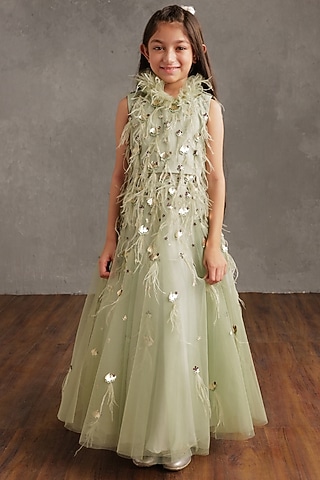 Sea Green Semi Hard Net & Crepe Embellished Skirt Set For Girls by NSS Little Stars