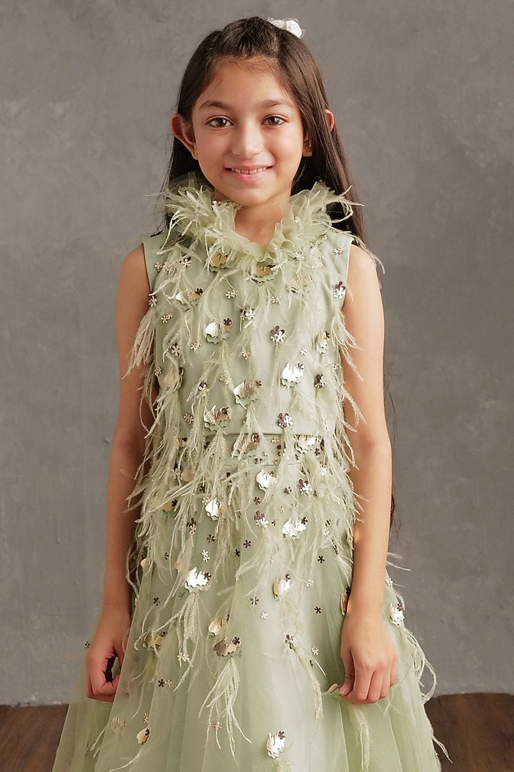 Sea Green Semi Hard Net & Crepe Embellished Skirt Set For Girls by NSS Little Stars at Pernia's Pop Up Shop