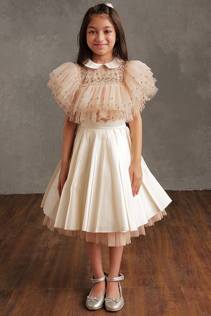 Ivory & Blush Pink Semi Hard Net Skirt Set For Girls by NSS Little Stars