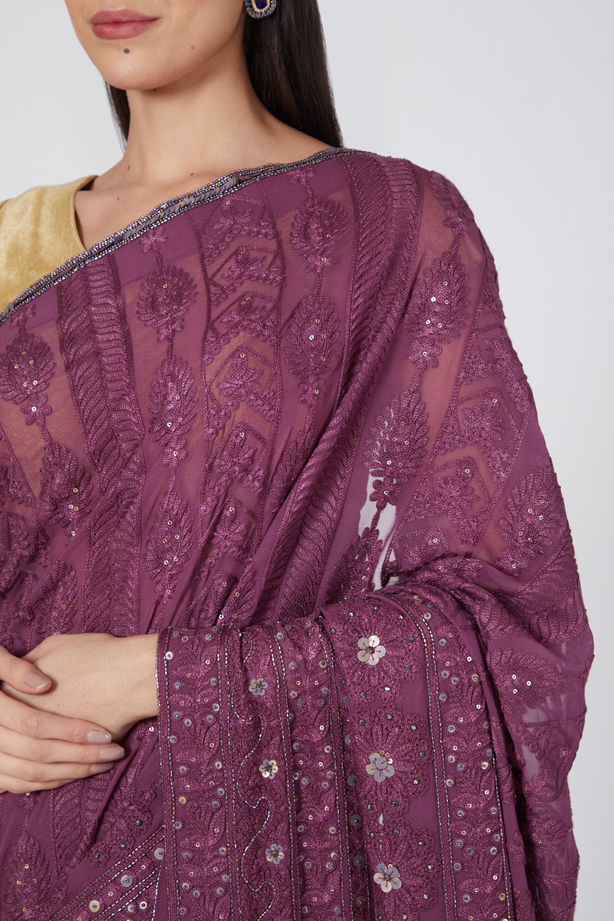 Buy Wine Embroidered Saree For Women Online