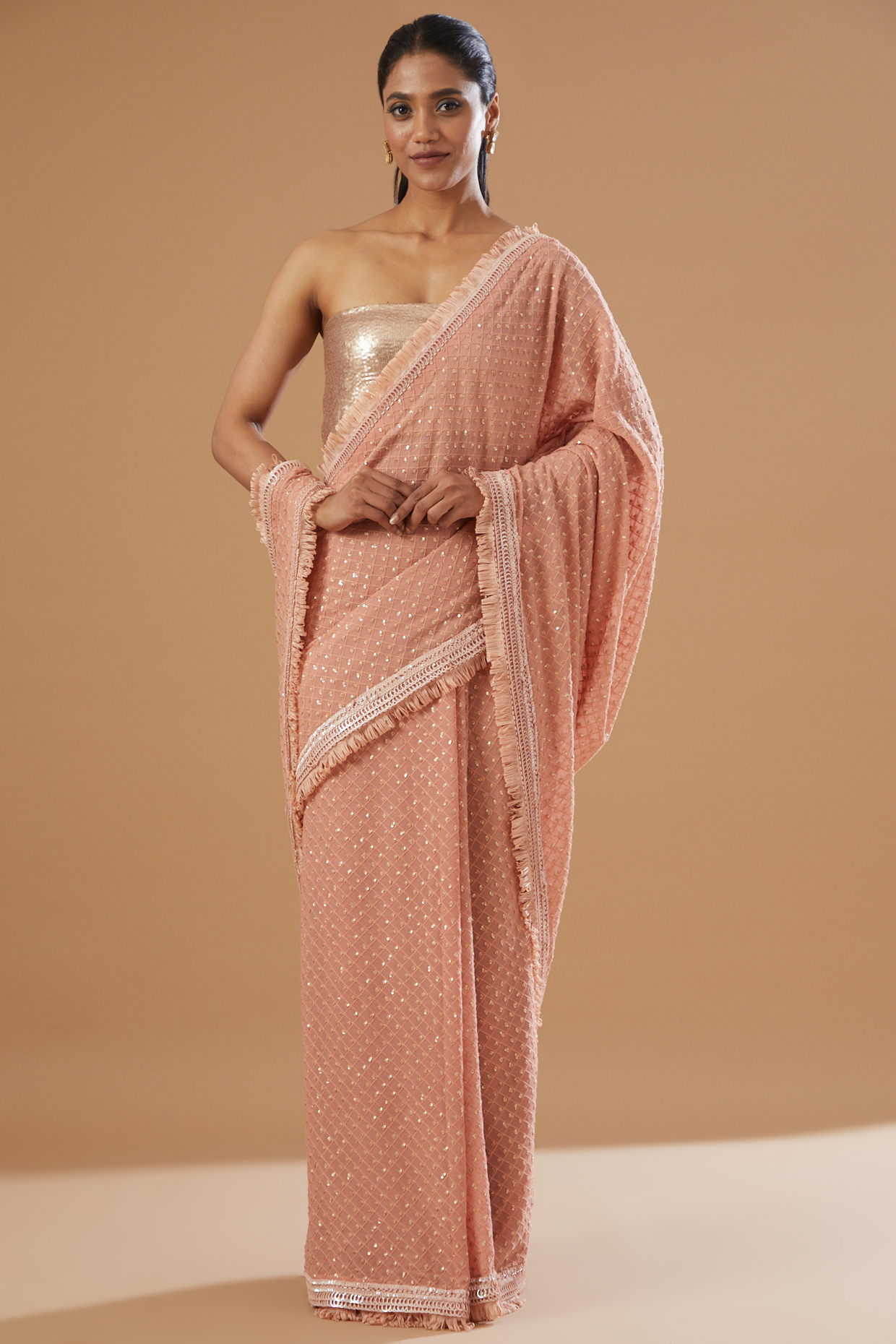 Blush Pink Georgette Embroidered Saree Set by Not So Serious by Pallavi Mohan
