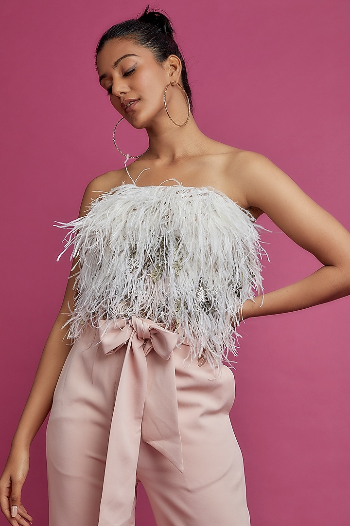 White Satin Lycra Embellished Top by Not So Serious by Pallavi Mohan at Pernia's Pop Up Shop