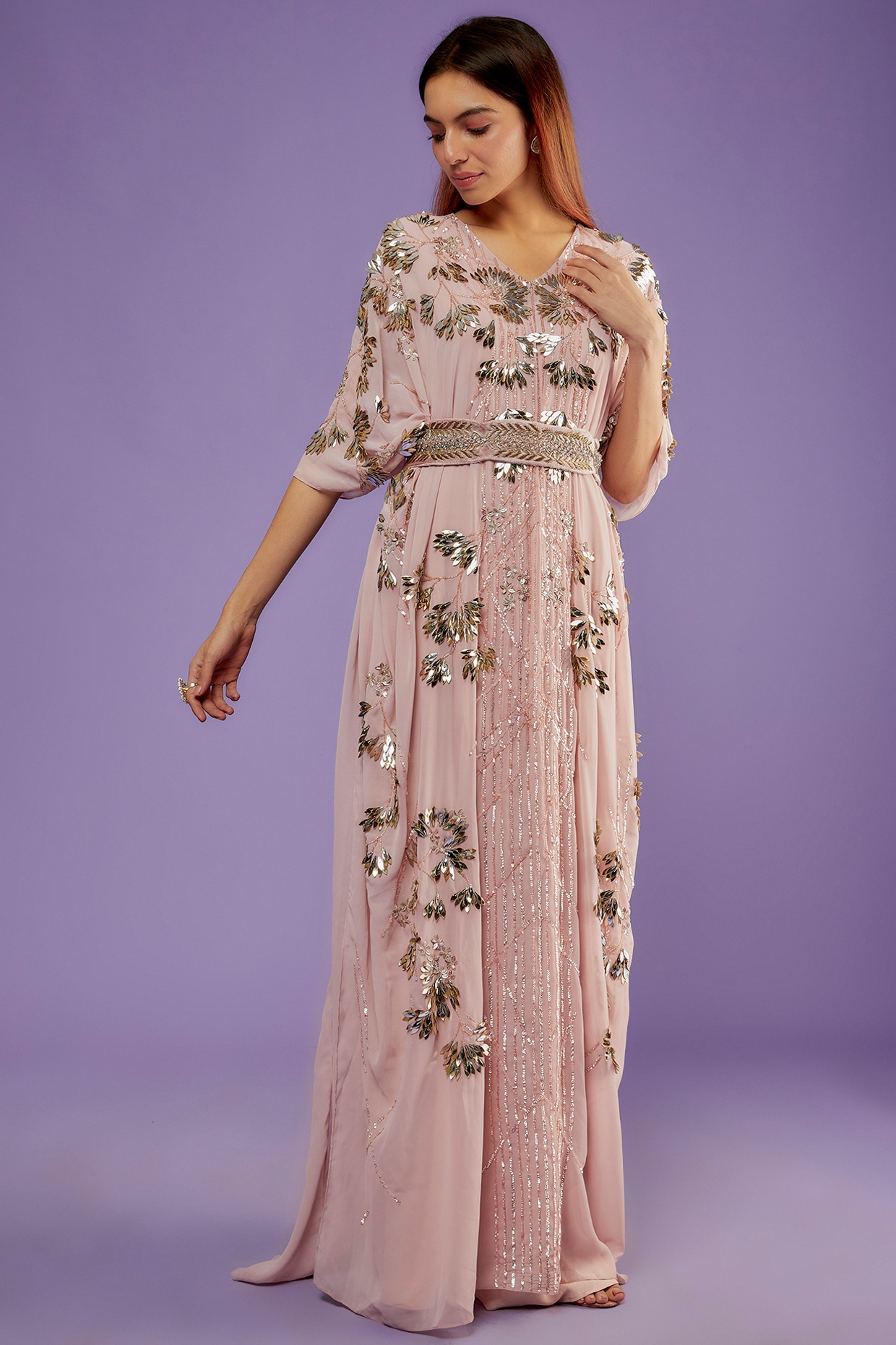 Blush Pink Tulle & Georgette Hand Embroidered Kaftan Dress Design By ...