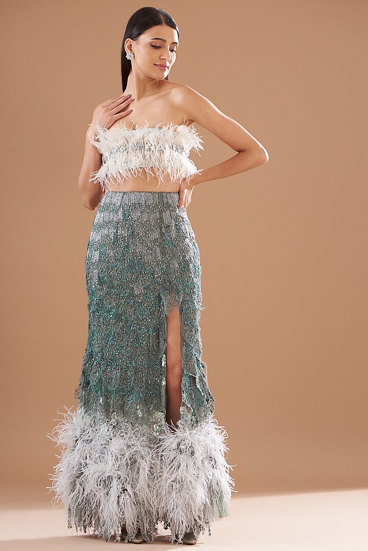 Silver Tulle & Knit Hand Embroidered Skirt by Not So Serious By Pallavi Mohan at Pernia's Pop Up Shop