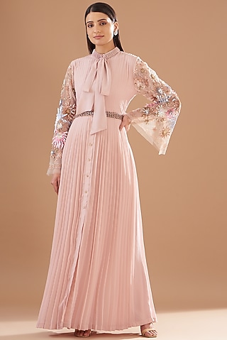Blush Pink Chiffon & Crepe Embroidered Dress by Not So Serious by Pallavi Mohan