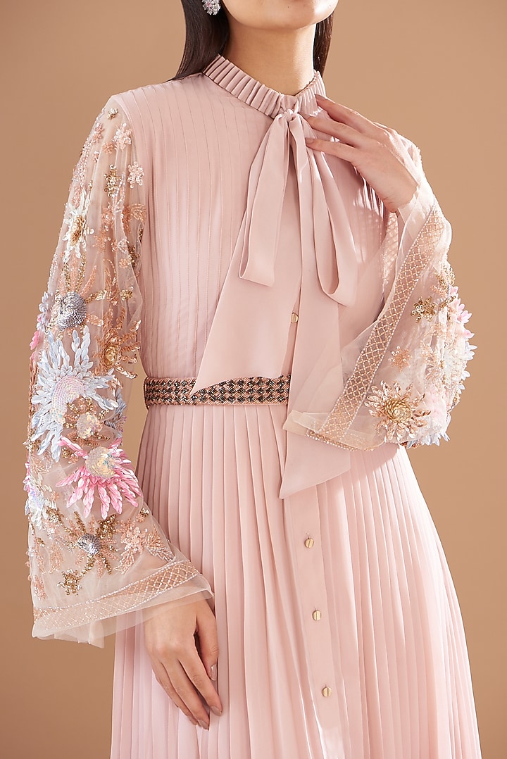 Blush Pink Chiffon & Crepe Embroidered Party Wear Dress by Not So Serious by Pallavi Mohan at Pernia's Pop Up Shop