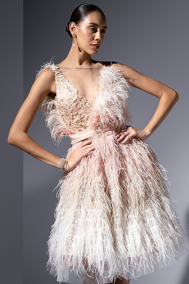 Blush & Ivory Tulle Pearl Embroidered Mini Party Wear Dress by Not So Serious by Pallavi Mohan at Pernia's Pop Up Shop