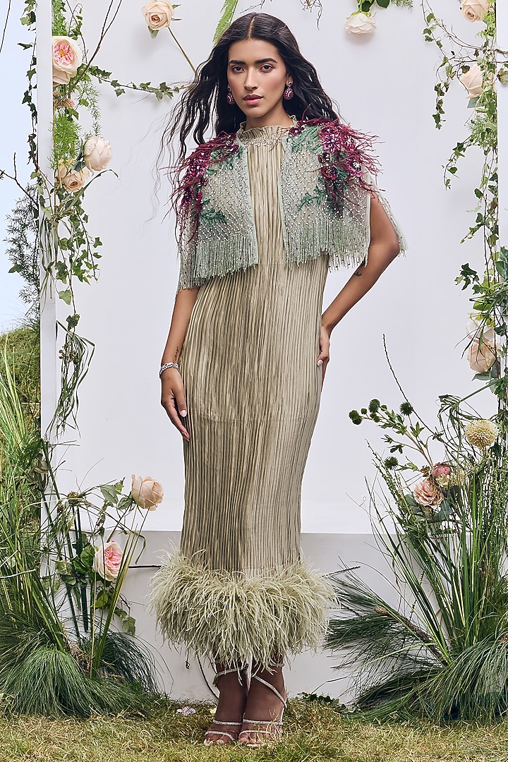 Mint Satin Pleated Midi Party Wear Dress by Not So Serious by Pallavi Mohan at Pernia's Pop Up Shop