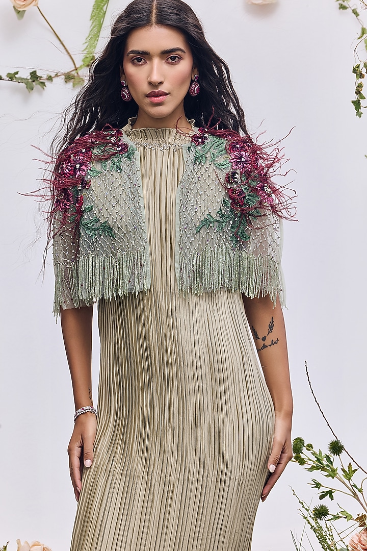 Mint Satin Pleated Midi Party Wear Dress by Not So Serious by Pallavi Mohan at Pernia's Pop Up Shop