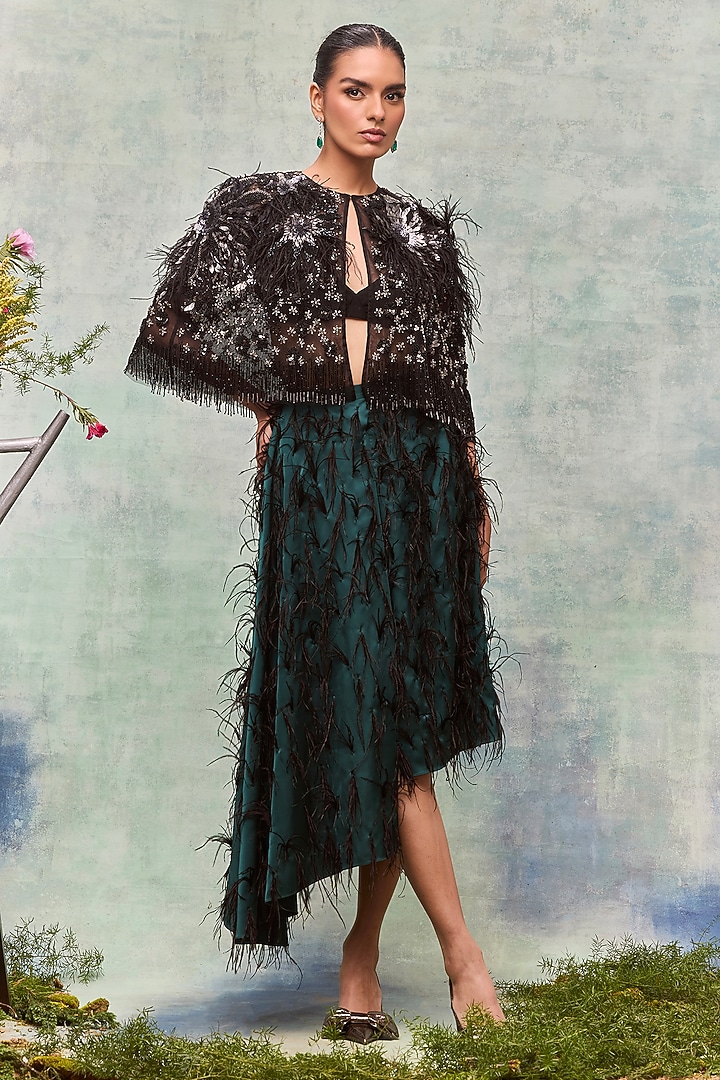 Black Tulle Crystal Embellished Cape by Not So Serious by Pallavi Mohan at Pernia's Pop Up Shop