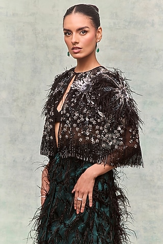 Black Tulle Crystal Embellished Cape by Not So Serious by Pallavi Mohan