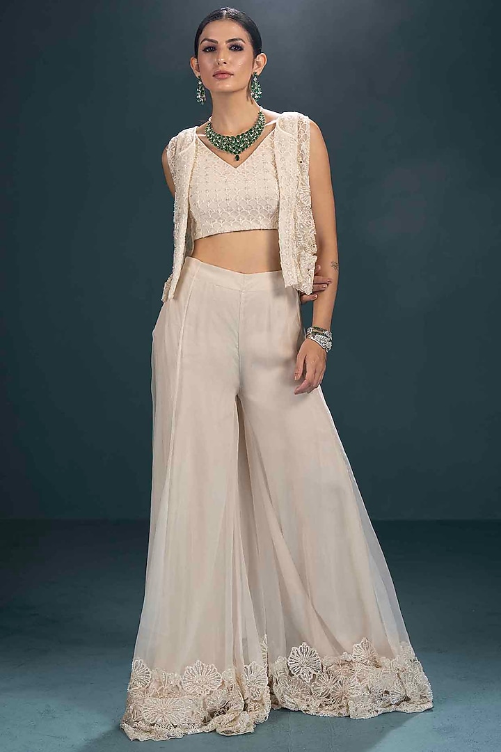 Off-White Viscose Applique Hand Embroidered Gharara Set by Not So Serious by Pallavi Mohan at Pernia's Pop Up Shop