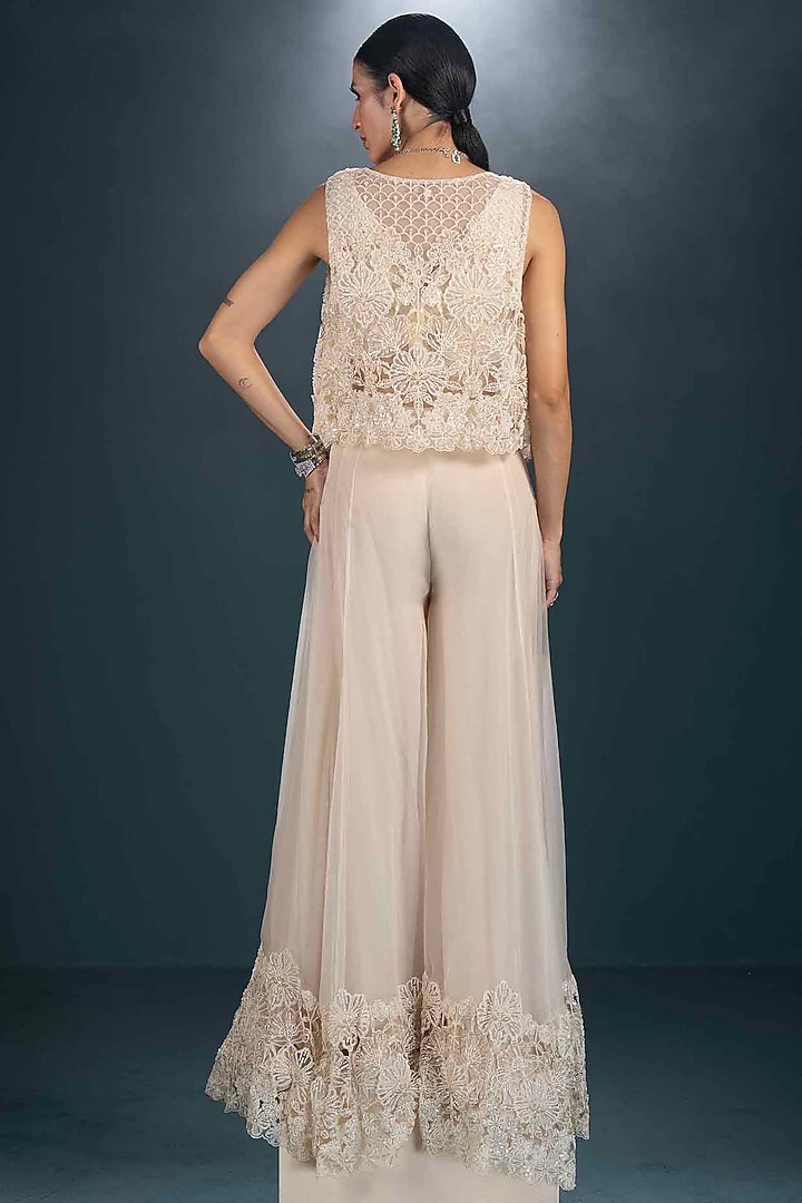 Off-White Viscose Applique Hand Embroidered Gharara Set by Not So Serious by Pallavi Mohan at Pernia's Pop Up Shop