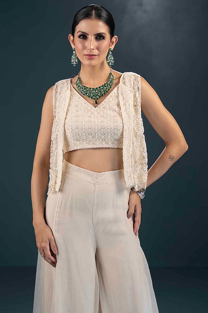 Off-White Viscose Applique Hand Embroidered Gharara Set by Not So Serious by Pallavi Mohan at Pernia's Pop Up Shop