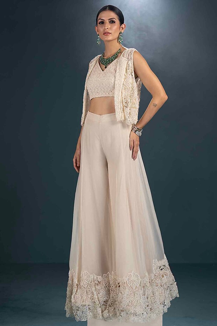Off-White Viscose Applique Hand Embroidered Gharara Set by Not So Serious by Pallavi Mohan at Pernia's Pop Up Shop