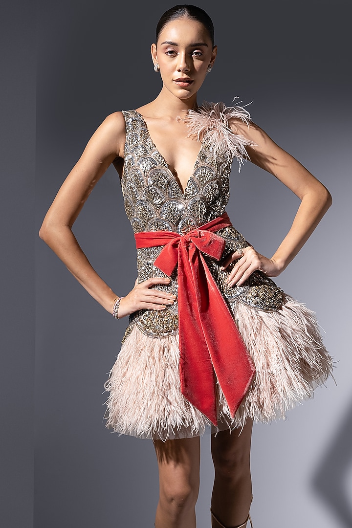 Blush Tulle Embellished Flared Party Wear Dress by Not So Serious by Pallavi Mohan at Pernia's Pop Up Shop