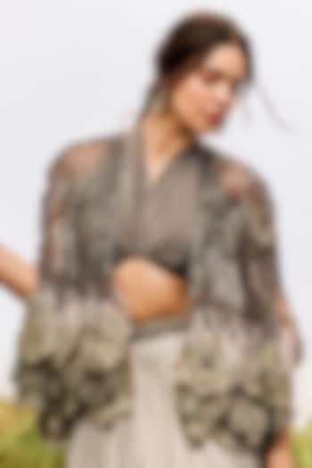 Soft Grey Tulle Applique Embroidered Cape by Not So Serious by Pallavi Mohan at Pernia's Pop Up Shop