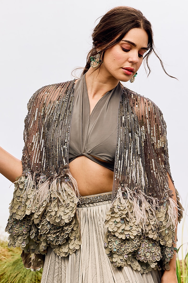 Soft Grey Tulle Applique Embroidered Cape by Not So Serious by Pallavi Mohan at Pernia's Pop Up Shop