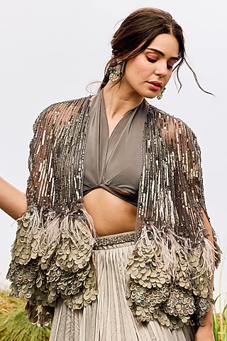 Soft Grey Tulle Applique Embroidered Cape by Not So Serious by Pallavi Mohan