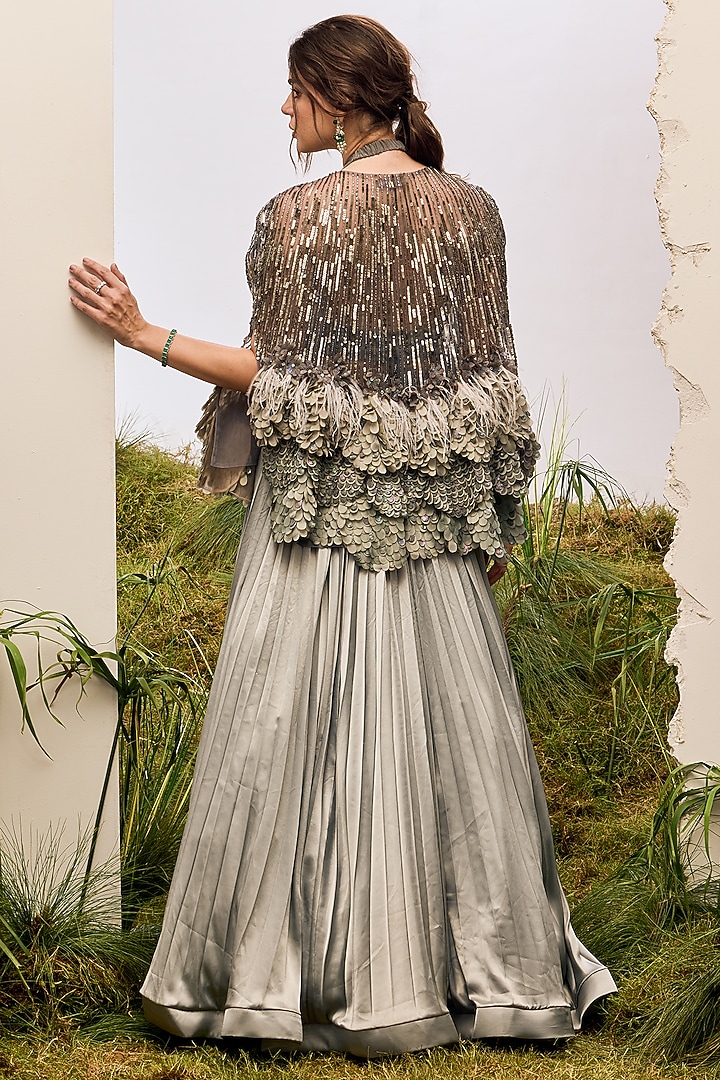 Soft Grey Tulle Applique Embroidered Cape by Not So Serious by Pallavi Mohan at Pernia's Pop Up Shop