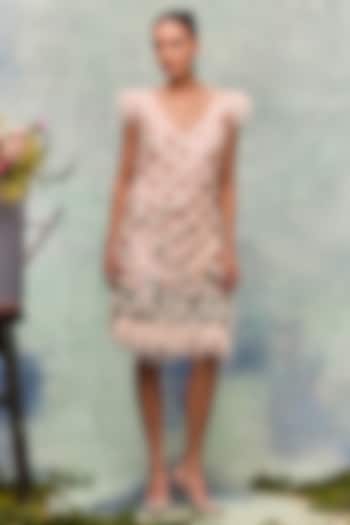 Ivory Mesh Floral Embroidered Midi Party Wear Dress by Not So Serious by Pallavi Mohan at Pernia's Pop Up Shop
