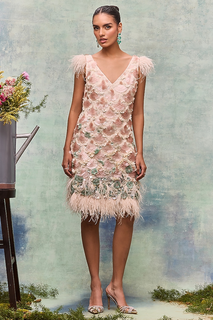 Ivory Mesh Floral Embroidered Midi Party Wear Dress by Not So Serious by Pallavi Mohan at Pernia's Pop Up Shop