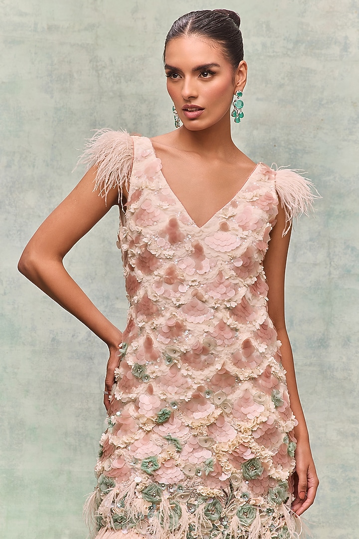 Ivory Mesh Floral Embroidered Midi Party Wear Dress by Not So Serious by Pallavi Mohan at Pernia's Pop Up Shop