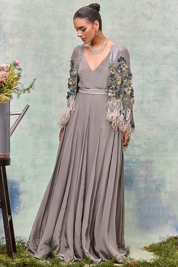Grey Georgette Sequin Embroidered Cape by Not So Serious by Pallavi Mohan at Pernia's Pop Up Shop