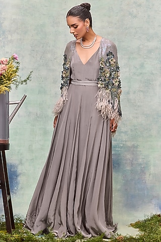 Grey Georgette Sequin Embroidered Cape by Not So Serious by Pallavi Mohan
