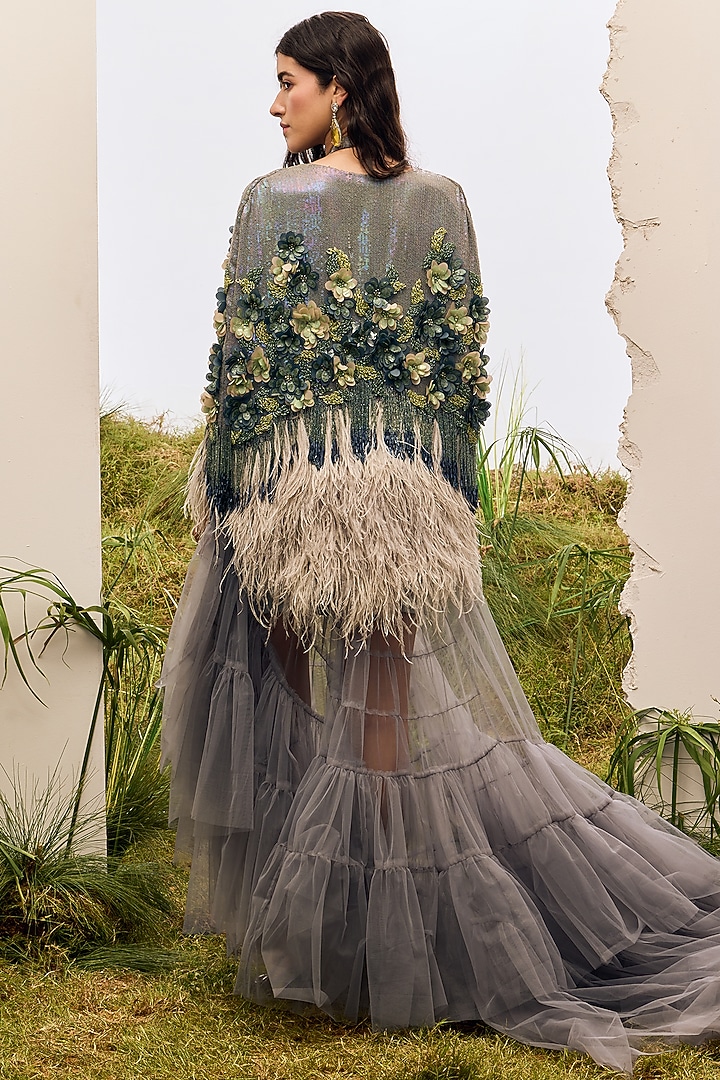Grey Georgette Sequin Embroidered Cape by Not So Serious by Pallavi Mohan at Pernia's Pop Up Shop