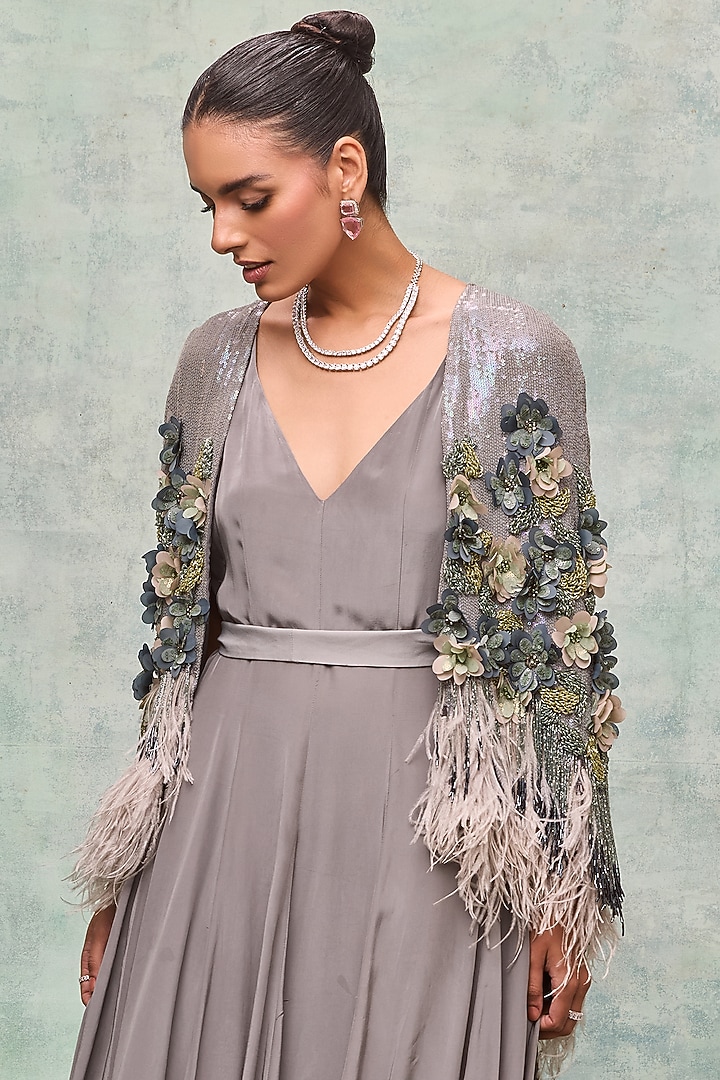 Grey Georgette Sequin Embroidered Cape by Not So Serious by Pallavi Mohan at Pernia's Pop Up Shop