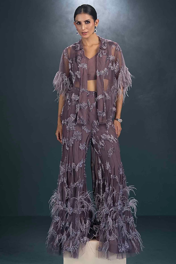 Purple Viscose Applique Hand Embroidered Gharara Set by Not So Serious by Pallavi Mohan at Pernia's Pop Up Shop